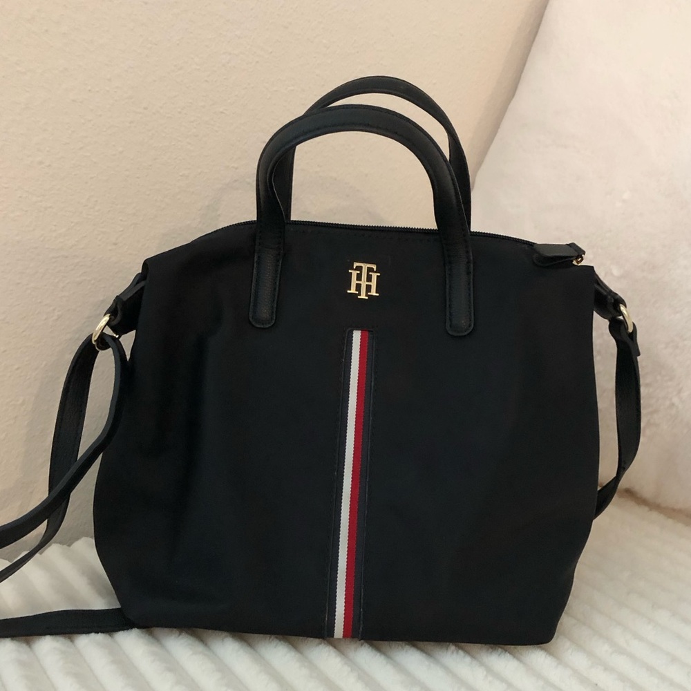 Tommy Hilfiger Black Satchel with Signature Stripe